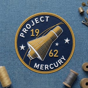 May include: A circular patch with the text "PROJECT 19 62 MERCURY" in white lettering. The patch features a gold and white illustration of a space capsule on a navy blue background, with a gold border and two white stars.