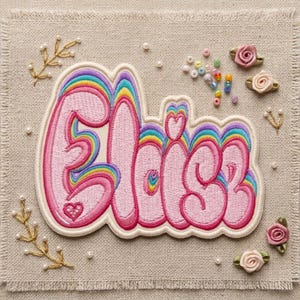 May include: An embroidered patch on beige fabric featuring the word Bliss in pink bubble letters outlined with rainbow stripes. The design includes a small heart, scattered white pearls, gold thread sprigs, and small fabric roses in pink and cream.