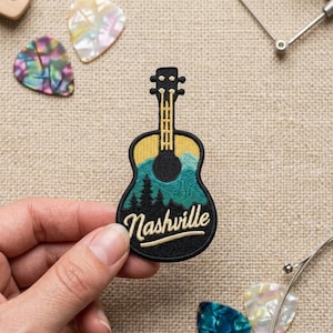 Nashville Tennessee Patch, Acoustic Guitar Embroidered Badge, Iron On Music City Travel Souvenir, Country Emblem for Jacket Backpack
