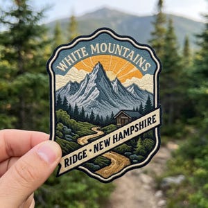White Mountains New Hampshire Patch, Ridge Cabin Nature Embroidered Iron On Patch, Hiking Travel Souvenir Badge, Hiker Gift for Backpack