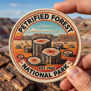 May include: A circular embroidered patch featuring a landscape of petrified wood stumps in a desert setting. The text PETRIFIED FOREST NATIONAL PARK and EST. 1962 is stitched in black. The design uses shades of orange, brown, tan, and light blue.