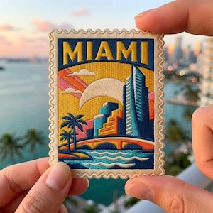 Miami Florida Stamp Patch, Retro Beach Palm Tree Embroidered Badge, Vintage Ocean Skyline Postage Iron On, Coastal Travel Souvenir Gift
