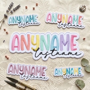 Custom Name Patch with Last Name, Colorful Pastel Rainbow Embroidered Badge, Personalized Script Text Iron On, Cute Gift for Kids Backpack
