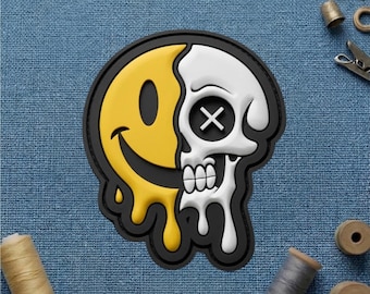 Melting Smiley Face Skull PVC Patch, Half Dead Half Happy Yellow Rubber Emblem, Trippy Dripping Acid Smiley Cross Eye Hook and Loop Badge