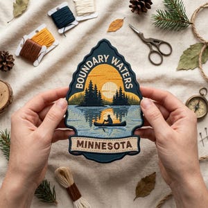 Boundary Waters Minnesota Embroidered Patch, Canoe Canoeist Lake Sunset Iron On Patch, Camping Souvenir Badge for Backpack Jacket
