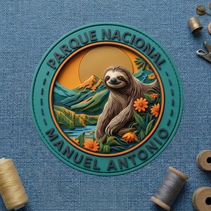 May include: A round, teal patch with the text "PARQUE NACIONAL MANUEL ANTONIO" encircling a detailed illustration. The illustration features a sloth, mountains, and orange flowers against a sunset backdrop. The patch is surrounded by sewing notions.