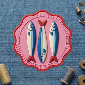 May include: A pink and red decorative coaster featuring three stylized sardines. The sardines are white and blue with red tails, arranged on a pink plate with a scalloped red border. The coaster is on a blue fabric surface.