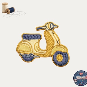 May include: An embroidered patch shaped like a yellow scooter with blue wheels and a blue seat, accompanied by two wooden spools of thread with dark blue and light beige thread, and a small circular logo featuring the name DiANA with icons.