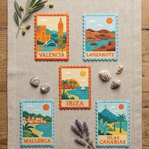 May include: Five rectangular embroidered patches with scalloped edges, each depicting a Spanish location: Valencia, Lanzarote, Ibiza, Mallorca, and Islas Canarias. Each patch features colorful landscape illustrations and the name of the destination.