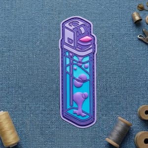 May include: A purple and blue sticker in the shape of a lighter, featuring a lava lamp design. The sticker has a purple outline, a light blue interior, and purple lava-like shapes inside. The top of the lighter is a lighter shade of purple with a pink detail.