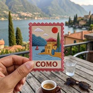 Lake Como Stamp Patch, Italy Travel Souvenir Embroidered Iron On Applique, Vintage Pink Postage Badge for Backpack Denim Jacket