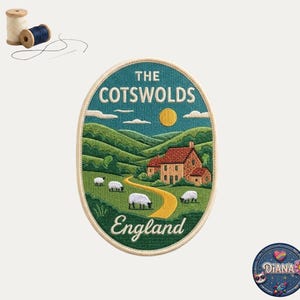 May include: An oval embroidered patch featuring a landscape of The Cotswolds, England, with a stone house, rolling green hills, a yellow path, and four white sheep. The text reads THE COTSWOLDS and England. Includes two spools of thread and a needle.