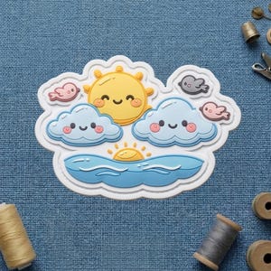 May include: A whimsical, die-cut sticker featuring a smiling sun, fluffy blue clouds with rosy cheeks, and a blue ocean scene. Pink birds and gray clouds accent the design. The sticker has a white border and is set against a blue fabric background.