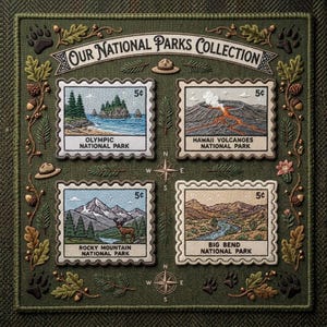 National Park Postage Stamp Embroidered Patch Iron On Olympic Hawaii Rocky Mountain Big Bend Travel Souvenir Vinyl Sticker Applique