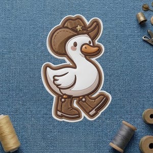 May include: A white cartoon duck wearing a brown cowboy hat and boots. The duck has a brown beak and is walking. The hat has a gold star. The sticker is on a blue textured surface.
