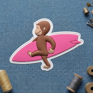 May include: A brown monkey character with a smiling face, walking with a pink surfboard. The monkey is outlined in white, with a white border around the pink surfboard. The image is on a blue textured background.