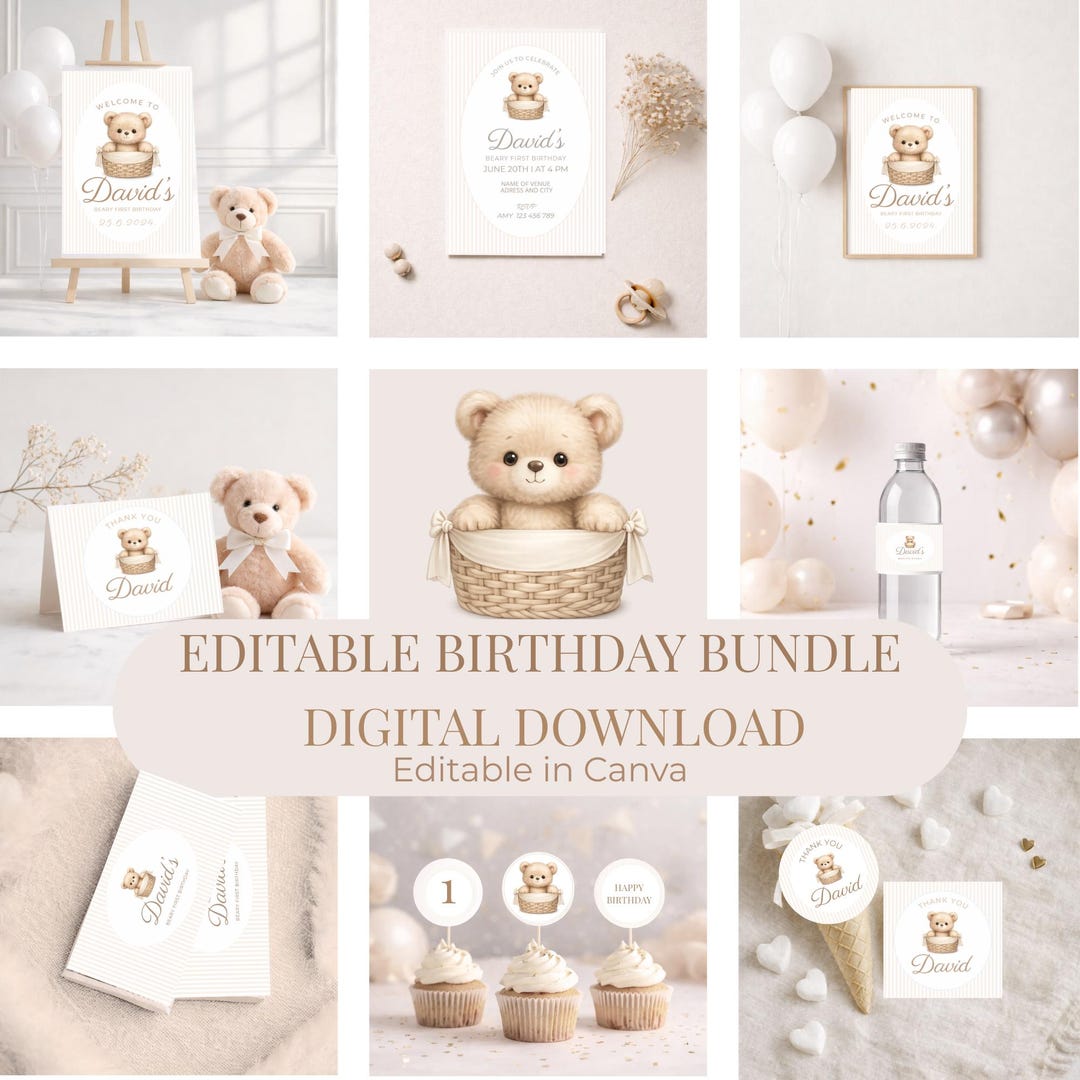 Teddy Bear First Birthday Bundle | Neutral Birthday Party Templates ...