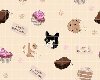 Pobierz cyfrowo: Wzór z kotami i tortem bez szwu | Rysowane ręcznie | Wydruk cyfrowy (PNG)