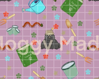 Pobierz cyfrowo bezszwowy wzór z kotem w ogrodzie | Ręcznie rysowany | Wydruk cyfrowy (PNG)