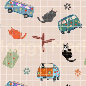 May include: A repeating pattern featuring cartoon cats, vans, paw prints, and travel bags on a light beige grid background. The vans are in various colours, including orange, blue, and green. The cats are black, grey, and orange.