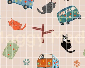 Pobierz cyfrowy wzór na bezszwową przyczepę kempingową z kotem | Rysowany ręcznie | Wydruk cyfrowy (PNG)