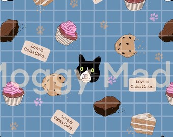 Pobierz cyfrowo: Wzór z kotami i tortem bez szwu | Rysowane ręcznie | Wydruk cyfrowy (PNG)