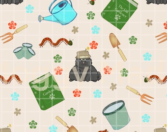 Pobierz cyfrowo bezszwowy wzór z kotem w ogrodzie | Ręcznie rysowany | Wydruk cyfrowy (PNG)