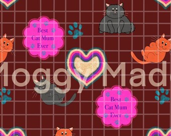 Pobierz cyfrowo bezszwowy wzór z kotką-matką | Ręcznie rysowany | Wydruk cyfrowy (PNG)