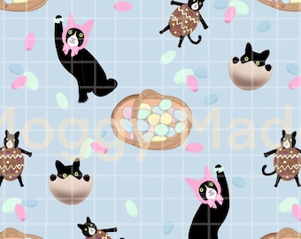 Pobierz cyfrowo bezszwowy wzór z kotem wielkanocnym | Rysowany ręcznie | Wydruk cyfrowy (PNG)