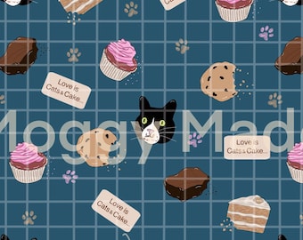 Pobierz cyfrowo: Wzór z kotami i tortem bez szwu | Rysowane ręcznie | Wydruk cyfrowy (PNG)