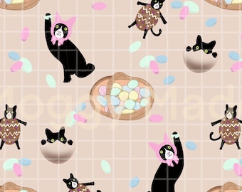 Pobierz cyfrowo bezszwowy wzór z kotem wielkanocnym | Rysowany ręcznie | Wydruk cyfrowy (PNG)