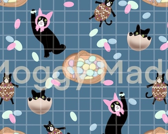 Pobierz cyfrowo bezszwowy wzór z kotem wielkanocnym | Rysowany ręcznie | Wydruk cyfrowy (PNG)