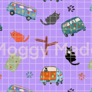 May include: A repeating pattern on a lilac background featuring cartoon cats, vans, paw prints, and travel-themed elements. The vans are in various colours, and the cats are black and orange. The text "Moggy Made" is visible.