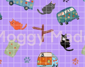 Pobierz cyfrowy wzór na bezszwową przyczepę kempingową z kotem | Rysowany ręcznie | Wydruk cyfrowy (PNG)