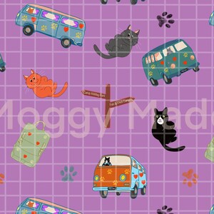 Cat Campervan Camping Seamless Pattern Hand-drawn Digital File Instant Vinyl Fabric Print Surface Design Tumbler Wraps Commercial Use