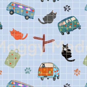 Cat Campervan Camping Seamless Pattern Hand-drawn Digital File Instant Vinyl Fabric Print Surface Design Tumbler Wraps Commercial Use