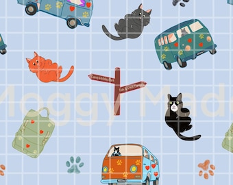 Pobierz cyfrowy wzór na bezszwową przyczepę kempingową z kotem | Rysowany ręcznie | Wydruk cyfrowy (PNG)