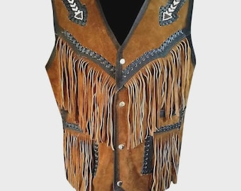 Western Leder Fransenweste für Herren | Braune Cowboy Biker Weste Handgemacht