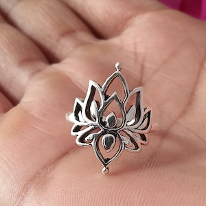 May include: A silver ring with a lotus flower design. The ring has an openwork design showing the flower's petals and center. The ring is displayed on a hand, with pink flowers in the background. The ring is a piece of jewellery.