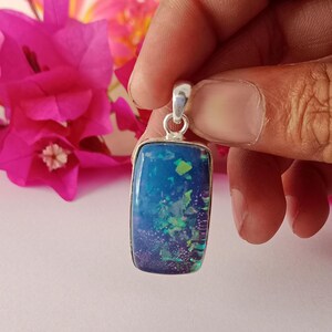 Colgante rectangular de ópalo azul fuego, collar galaxia de plata de ley 925, dije bohemio hippie