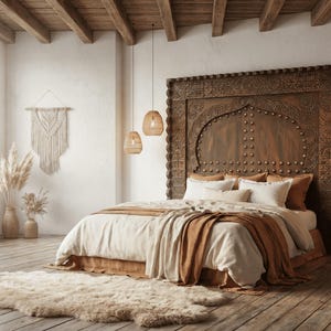 Può includere: Una camera da letto con un'estetica bohémien. Il punto focale è una grande testiera in legno intagliato. Il letto è adornato con biancheria da letto dai toni neutri e una coperta color ruggine. Lampade a sospensione intrecciate pendono dal soffitto e un tappeto soffice è sul pavimento in legno.