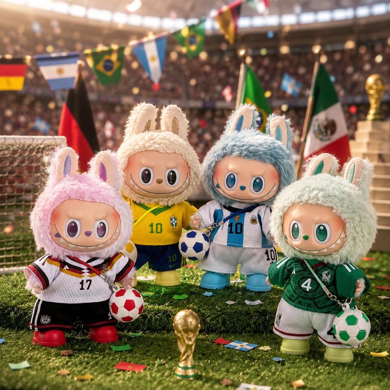May include: Four plush rabbit figurines wearing soccer jerseys from different countries, each featuring a large head with big eyes and a wide grin. They stand on a green field with a small gold trophy in front and soccer balls attached to their outfits.