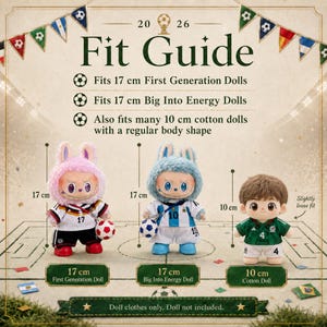 May include: A fit guide for dolls featuring text: 20 26 Fit Guide. Fits 17 cm First Generation Dolls, 17 cm Big Into Energy Dolls, and 10 cm cotton dolls. Three dolls are shown: two wearing animal hoods and soccer jerseys, one wearing a soccer jersey.