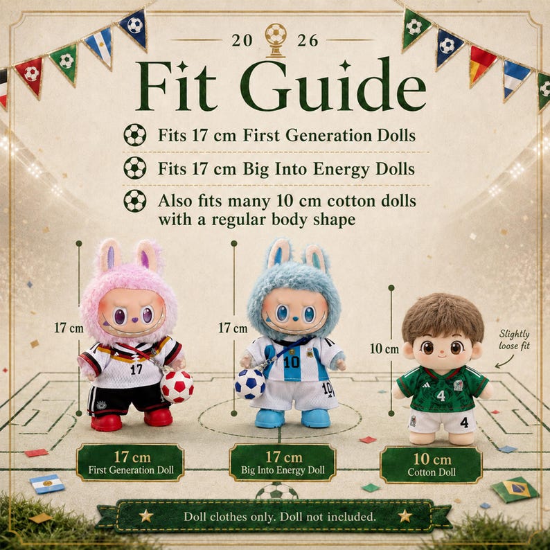 May include: A fit guide for dolls featuring text: 20 26 Fit Guide. Fits 17 cm First Generation Dolls, 17 cm Big Into Energy Dolls, and 10 cm cotton dolls. Three dolls are shown: two wearing animal hoods and soccer jerseys, one wearing a soccer jersey.