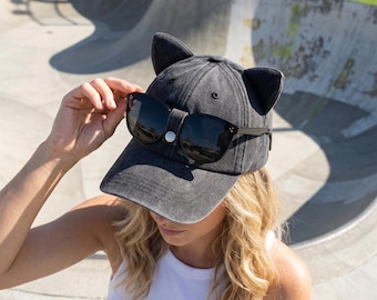 Dark Gray Washed Cat Ear Baseball Cap with Flip-Up Sunglasses, Unisex Sun Protection Hat