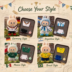 Labubu 17cm Doll Soccer Jersey Set, Argentina Brazil Germany Mexico Football Outfit image 7