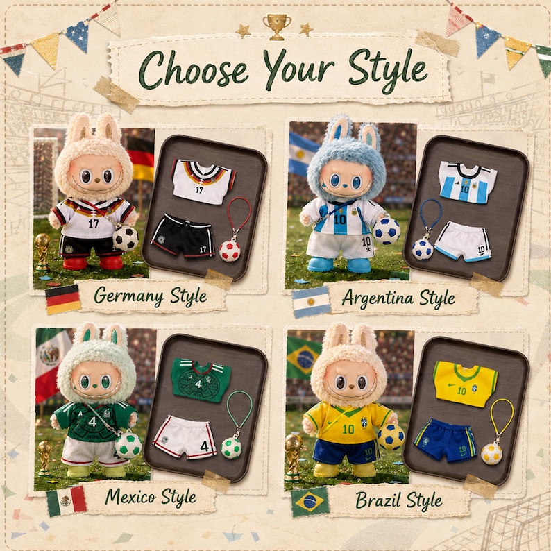 Labubu 17cm Doll Soccer Jersey Set, Argentina Brazil Germany Mexico Football Outfit image 7