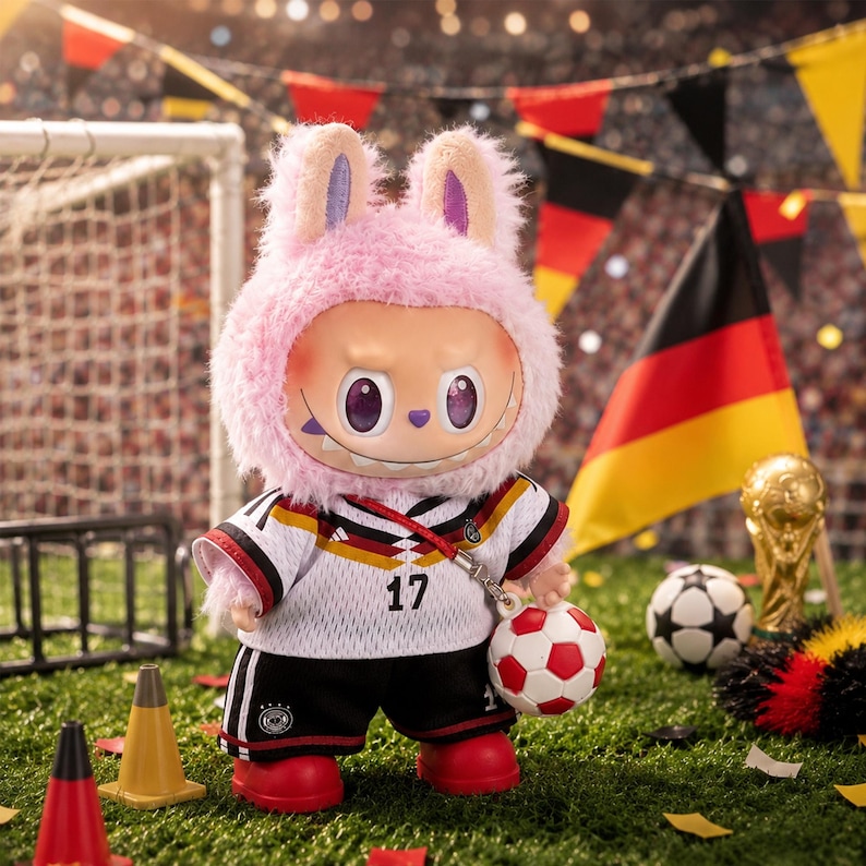 May include: A plush toy character with pink fur and rabbit ears wearing a white and black soccer jersey with the number 17, black shorts, and red shoes. The character holds a small soccer ball and stands on a green field with soccer gear.