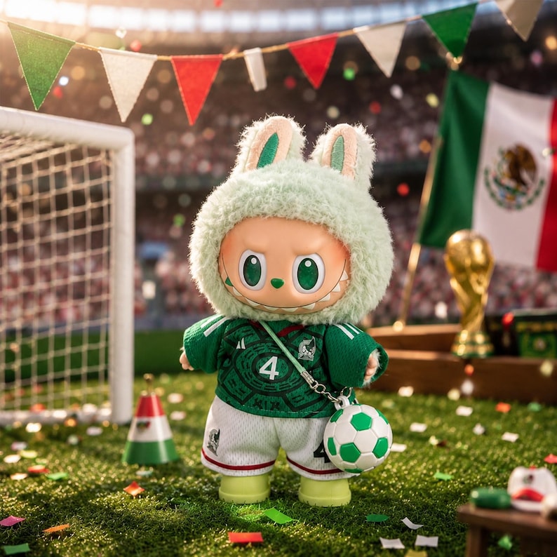 May include: A plush toy wearing a fuzzy light green rabbit hood and a green soccer jersey with the number 4 on the front. The toy has large green eyes, a wide grin with visible teeth, and carries a small soccer ball on a strap across its chest.