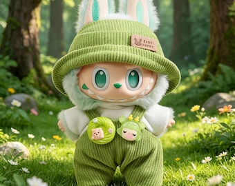 17cm Labubu Doll Clothes, Mint Green Knit Sweater, Tulle Skirt, Flower Bag